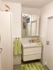 a white bathroom with a sink and a mirror at Wohnen im Grünen - Landidylle mit Komfort Nähe Linz in Pregarten