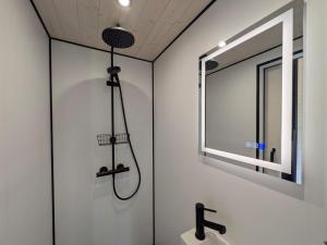 a shower in a bathroom with a sink and a mirror at Suur Muna Apple Garden Tiny Houses in Haanja