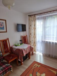 a living room with a table and a window at Pokoje Poniatowka in Nałęczów