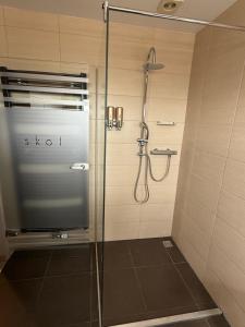 a shower with a glass door in a bathroom at Hotel SKØL in Strassen