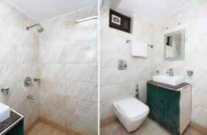 two pictures of a bathroom with a toilet and a sink at Hotel Bir Stay- Near Nizamuddin Dargah in New Delhi +16 photos