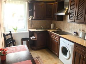 a kitchen with wooden cabinets and a washer at Pilaites svetingi namai in Vilnius