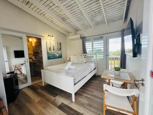 a bedroom with a bed and a table and a desk at La Jamaca - An Island Vibe Hotel in La Parguera