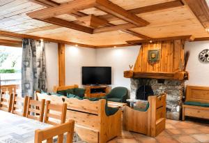 a living room with a fireplace and a television at Les Dolomites in La Plagne Tarentaise