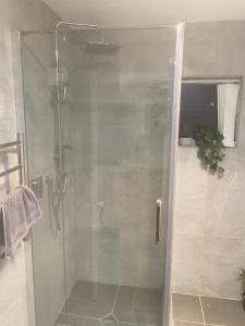 a shower with a glass door in a bathroom at Wattle Downs Palm Beach Studio in Auckland +15 photos