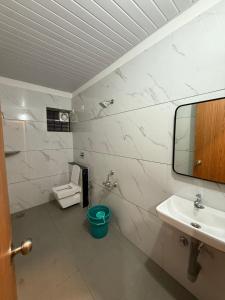 a bathroom with a sink and a toilet and a mirror at Nakshatra Boarding and Lodging in Mangalore International