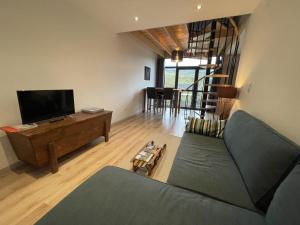 a living room with a couch and a flat screen tv at duplex confort Le pre marty in Albepierre-Bredons