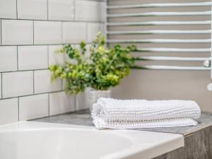 a white towel sitting on a counter with a plant at Y Cwtsh in Llandeilo