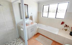 a bathroom with a tub and a sink and a shower at Shallow Pig Cottage in Parys +14 photos