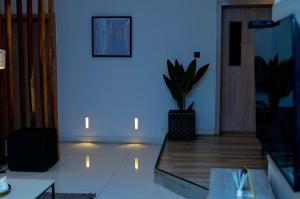 a blue light in a living room with a potted plant at Tipson Apartments in Bamgbose