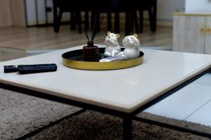 two cats are sitting on a coffee table at Tipson Apartments in Bamgbose +1 photo