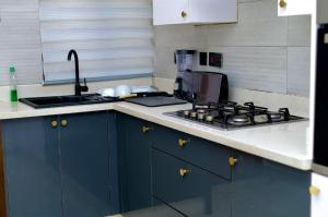 a blue kitchen with a sink and a stove at Tipson Apartments in Bamgbose
