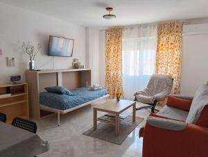 a living room with a bed and a couch at Apartamento Pinilla Lagunas de Villafáfila in Manganeses de la Lampreana