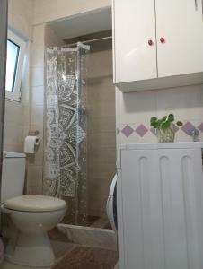 a bathroom with a toilet and a shower at Basic in Kalamata