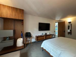 ein Schlafzimmer mit Bett und Flachbildfernseher in der Unterkunft Casa Olié in Oaxaca de Juárez