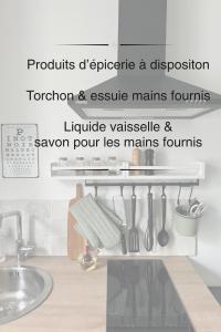 a kitchen counter with a sink and a shelf with utensils at La maison du Maréchal in Parthenay