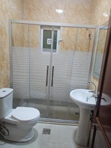 a bathroom with a shower and a toilet and a sink at الجبيهه شفابدران شقة مفروشة in Amman +26 photos