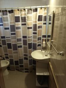a bathroom with a sink and a shower curtain at Monoambiente Osvaldo in Neuquén +12 photos
