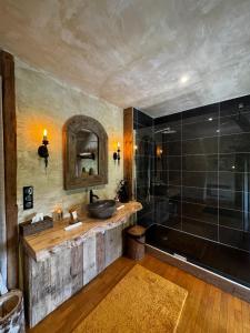 a bathroom with a sink and a shower at La lande sèche in Lainsecq +81 photos