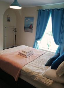 a bedroom with a bed with blue curtains and a window at Fox and Hounds Apartment in Willingham