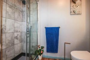 a bathroom with a shower with a blue towel at Skylark in Liskeard +10 photos