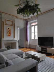 a living room with a couch and a tv at Le first République, gare centre ville in Bourgoin