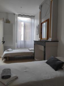 a bedroom with two beds and a mirror and a fireplace at Le first République, gare centre ville in Bourgoin