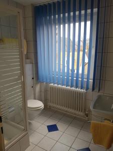 a bathroom with a toilet and a window with blue curtains at Hotel Stadt Baunatal in Baunatal