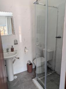 a bathroom with a shower and a toilet and a sink at Mirage in Tarrafal