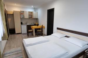 a bedroom with a bed and a kitchen with a table at Salt Holiday in Praid +18 photos