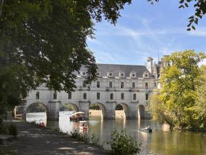 a bridge over a river in front of a building at Oscar et Marcelle in Saint-Georges-sur-Cher