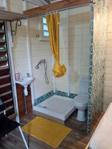 a small bathroom with a toilet and a sink at cabane dans le jardin in Morne-à-lʼEau