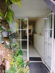 an open door in a garden with plants at Adventure Manor in Kitulgala