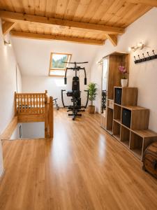 a living room with a wooden floor and a gym at Ferienwohnung Biohof Untermar in Obervellach