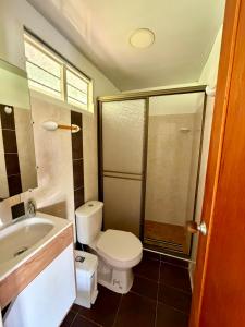 a bathroom with a toilet and a sink and a shower at Chalet Natalia Montenegro Quindío in Montenegro