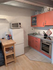 a kitchen with a white refrigerator and a microwave at Ferienwohnung Am Markt in Eisfeld