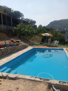 a large blue swimming pool with a table and an umbrella at O cantinho d'abelheira in Falgueiras