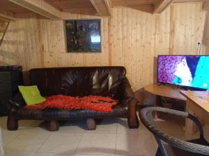 a leather couch in a living room with a television at BBR House in Chʼkhakoura