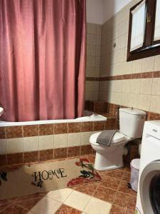 a bathroom with a toilet and a pink shower curtain at Villa Malila in Panagia +31 photos