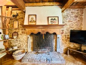 a living room with a stone fireplace and a tv at Maison de gesves in Gesves