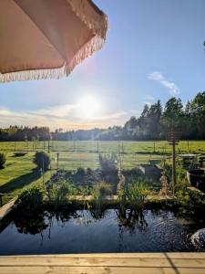 a view of a field from a patio with a pond at Kolsta Gård 