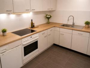 a white kitchen with white cabinets and a sink at Apartment am Rhein in Bonn