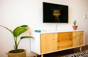 a living room with a tv and a potted plant at Apartamento T3 Belém in Maputo +1 photo