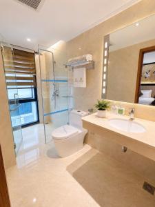 a bathroom with a toilet and a sink and a mirror at Halo hotel & Spa hanoi in Hanoi