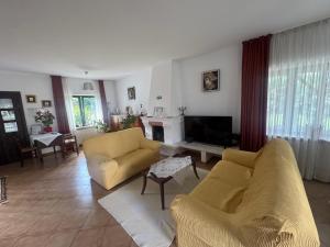 a living room with two yellow couches and a television at Pensiunea Funivia in Săcele