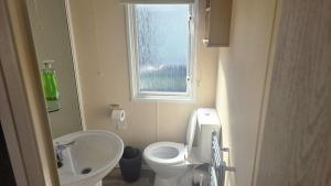 a bathroom with a toilet and a sink and a window at california cliffs caravan 2 dunlin in Scratby +7 photos