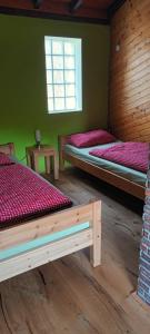a room with two beds and a window at Haus Rothenberg - Wohnung Anne in Nohfelden
