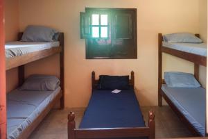 a room with three bunk beds and a window at Morada Coral Hostel em Maracaípe in Porto De Galinhas