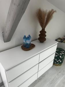 a white dresser with a vase on top of it at Apartament NOVA in Nowa Ruda