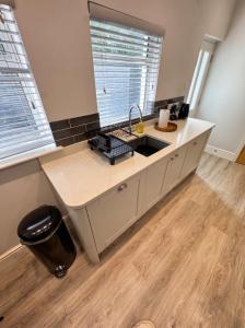 a kitchen with a sink and a counter top at Bright 2-Bed Garden Flat Central Guildford in Purley